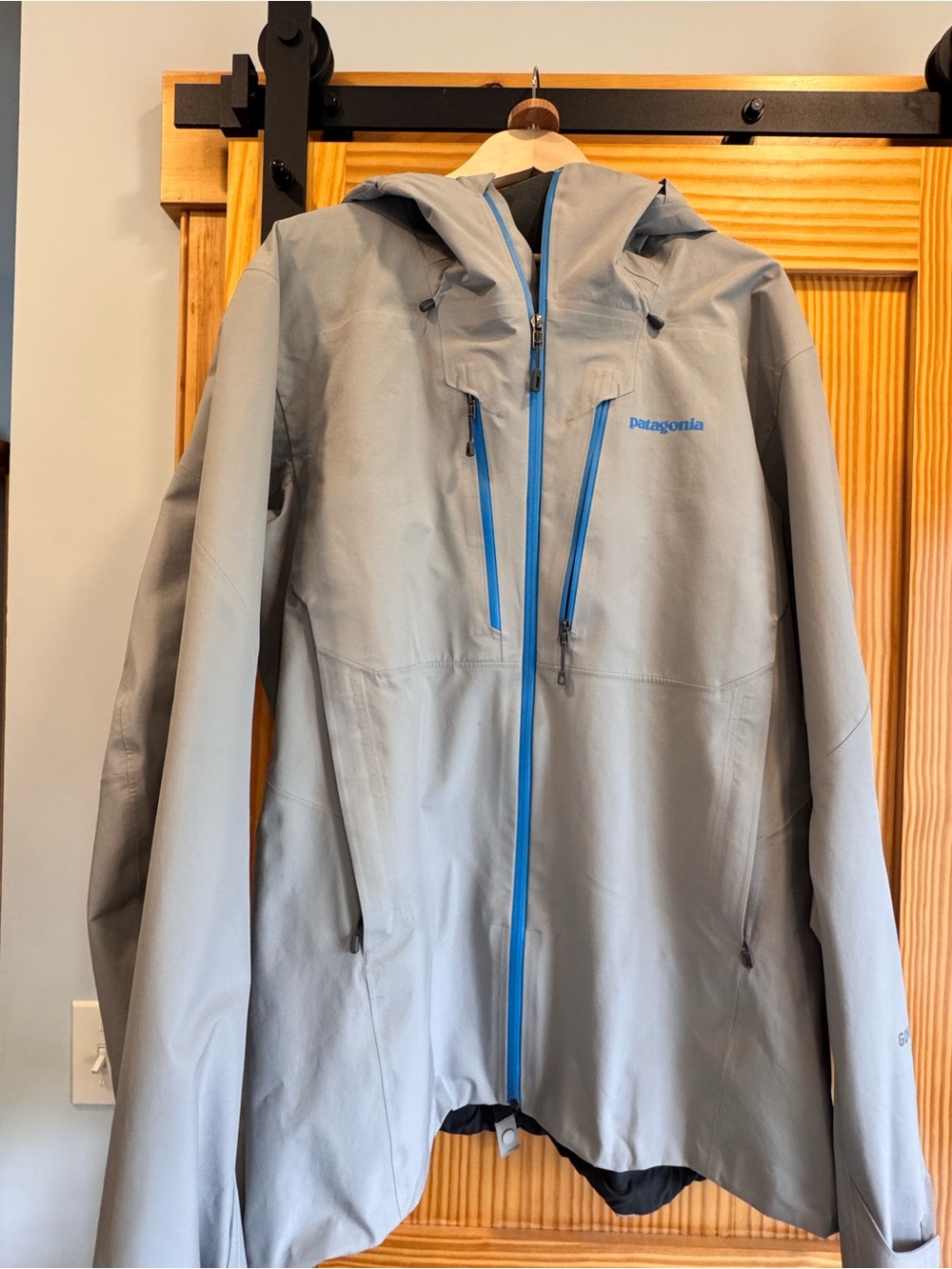 Patagonia Men’s Light Gray Ski Jacket with Blue Zippers
